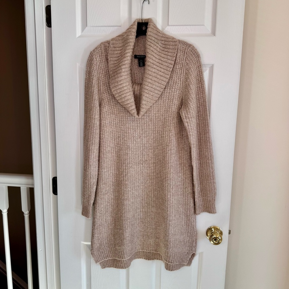 White House Black Market $170 Beige Metallic Cowl Neck Sweater Mini Dress Medium